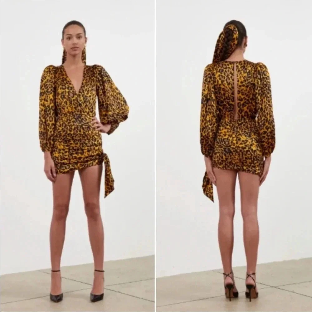 Ronny Kobo Giorgia satin leopard ruched mini dress